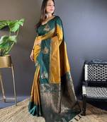 Yellow ethnic motifs woven design zari kanjeevaram saree