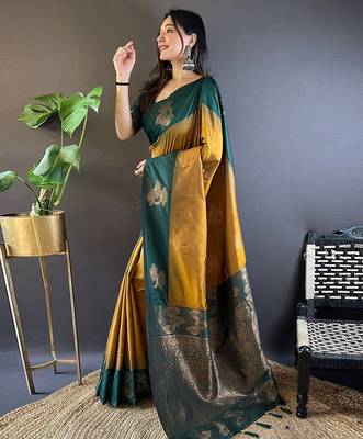 Yellow ethnic motifs woven design zari kanjeevaram saree 2