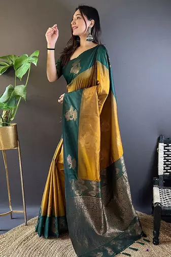 Yellow ethnic motifs woven design zari kanjeevaram saree