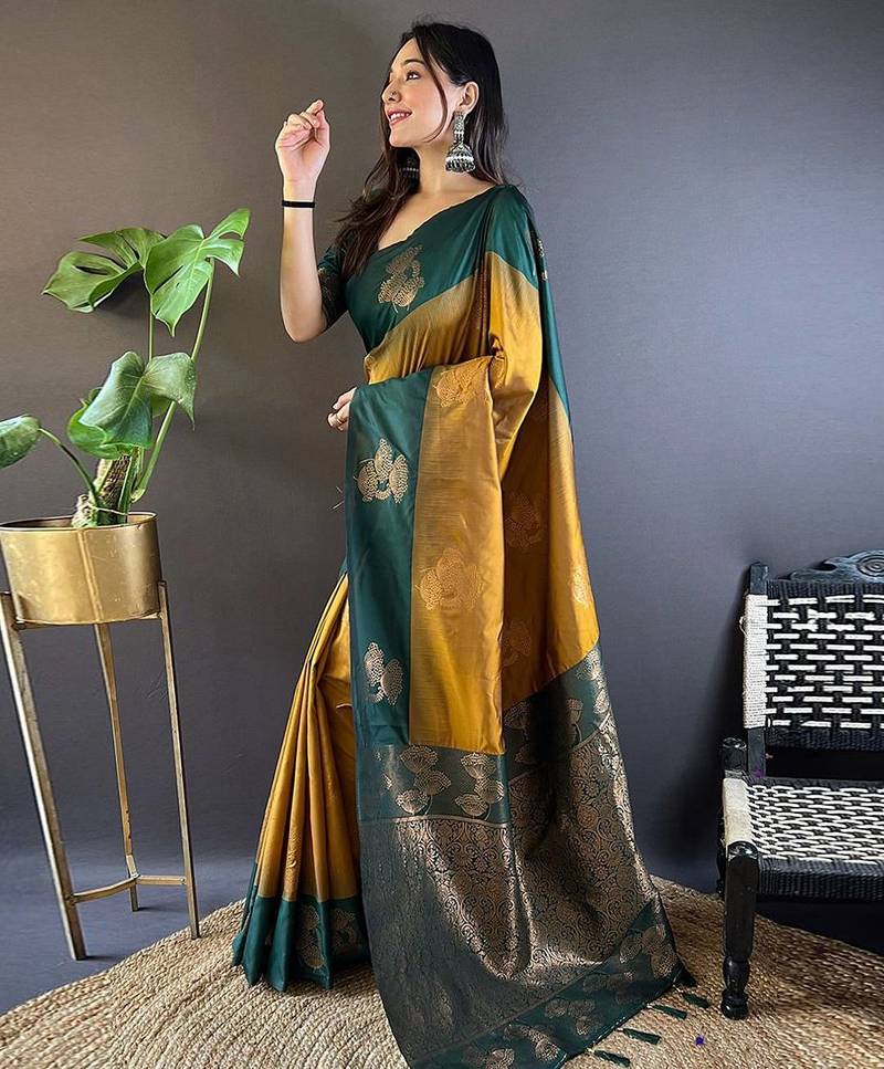 Yellow ethnic motifs woven design zari kanjeevaram saree