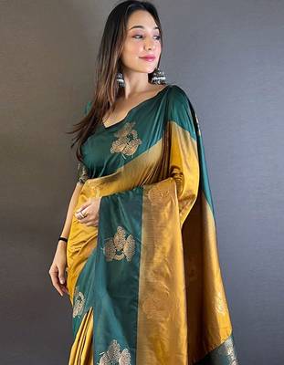 Yellow ethnic motifs woven design zari kanjeevaram saree 4