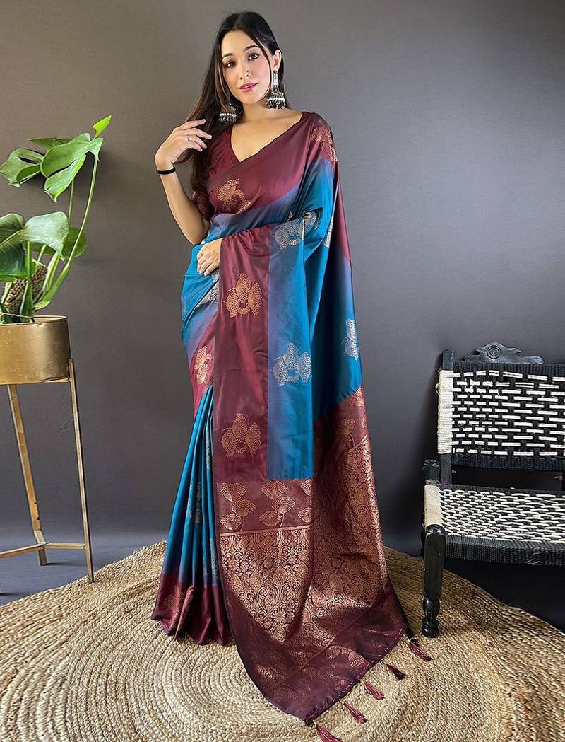 Blue woven design zari kanjeevaram saree