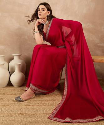 Red satin solid with embroidered border saree 1