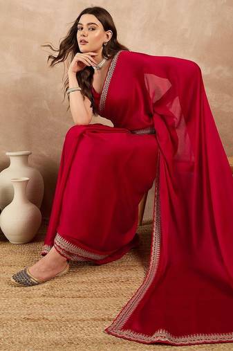 Red satin solid with embroidered border saree