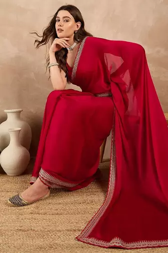 Red satin solid with embroidered border saree