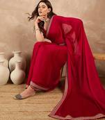 Red satin solid with embroidered border saree