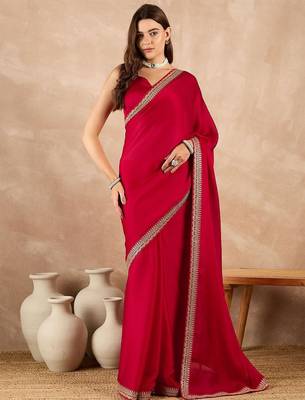Red satin solid with embroidered border saree 2