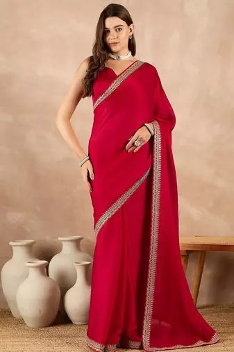 Red satin solid with embroidered border saree