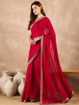 Red satin solid with embroidered border saree 3