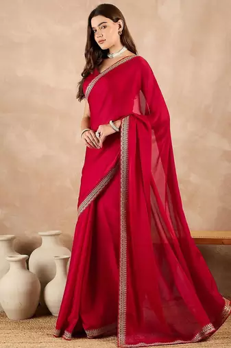 Red satin solid with embroidered border saree