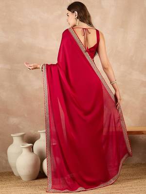 Red satin solid with embroidered border saree 4