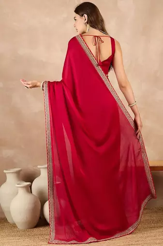 Red satin solid with embroidered border saree