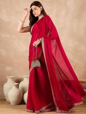 Red satin solid with embroidered border saree 5