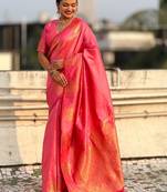 Pink woven design zari silk blend handloom saree