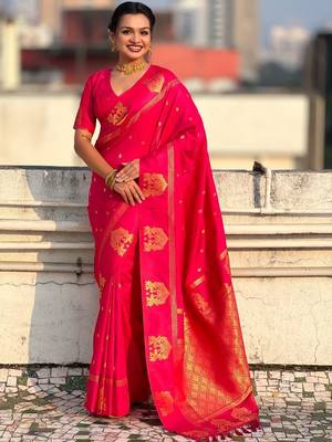 Pink ethnic motifs zari silk blend handloom saree 1