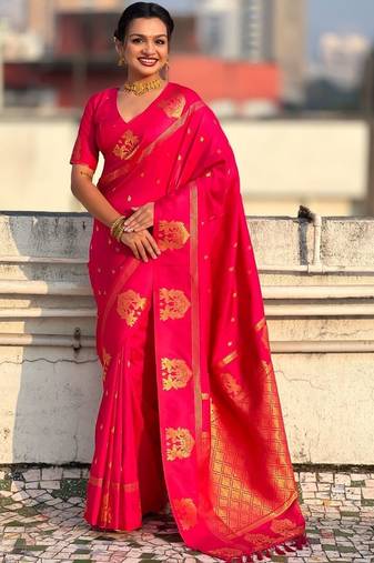 Pink ethnic motifs zari silk blend handloom saree