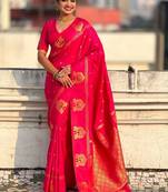 Pink ethnic motifs zari silk blend handloom saree