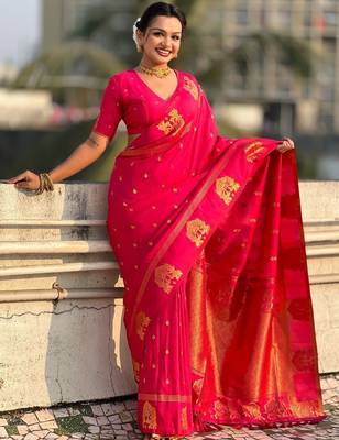 Pink ethnic motifs zari silk blend handloom saree 2