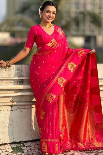 Pink ethnic motifs zari silk blend handloom saree