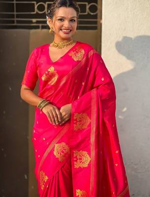 Pink ethnic motifs zari silk blend handloom saree 3