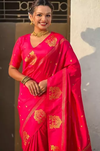 Pink ethnic motifs zari silk blend handloom saree