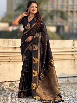 Black ethnic motifs zari silk blend heavy work saree 1