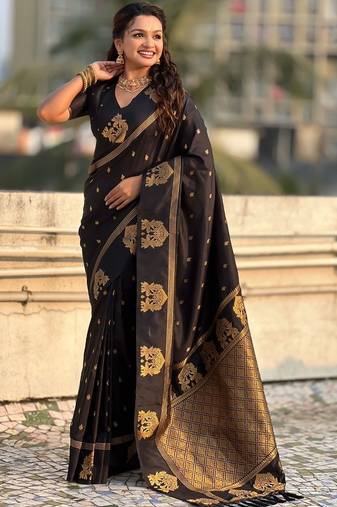Black ethnic motifs zari silk blend heavy work saree