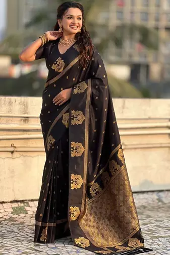 Black ethnic motifs zari silk blend heavy work saree