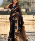 Black ethnic motifs zari silk blend heavy work saree