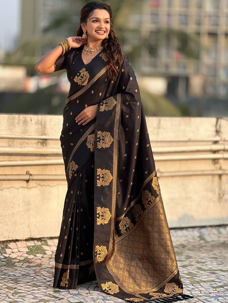 Black ethnic motifs zari silk blend heavy work saree