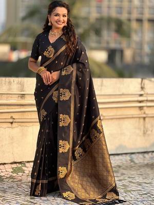 Black ethnic motifs zari silk blend heavy work saree 2
