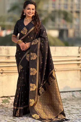 Black ethnic motifs zari silk blend heavy work saree
