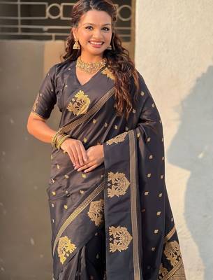 Black ethnic motifs zari silk blend heavy work saree 3