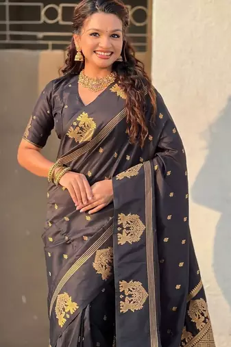 Black ethnic motifs zari silk blend heavy work saree