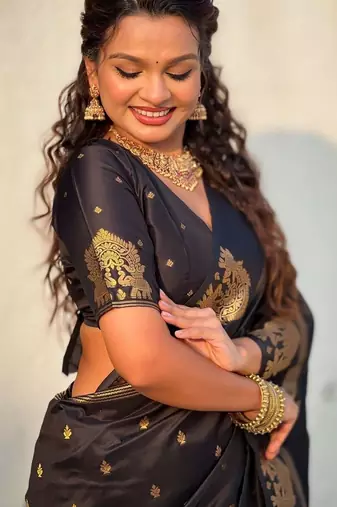 Black ethnic motifs zari silk blend heavy work saree