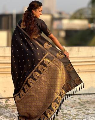 Black ethnic motifs zari silk blend heavy work saree 5