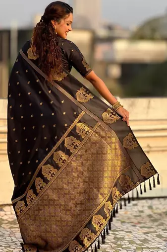 Black ethnic motifs zari silk blend heavy work saree
