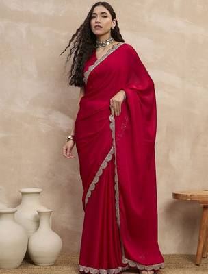 Red women sequinned border satin saree 1