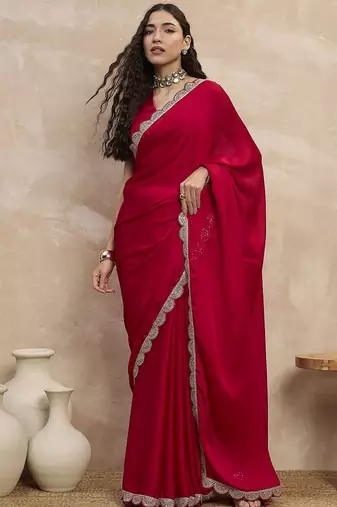 Red women sequinned border satin saree
