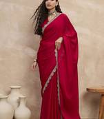 Red women sequinned border satin saree
