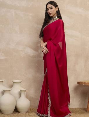 Red women sequinned border satin saree 2