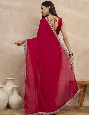 Red women sequinned border satin saree 3
