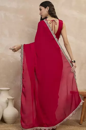 Red women sequinned border satin saree