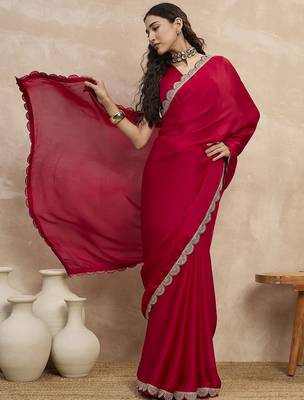 Red women sequinned border satin saree 4