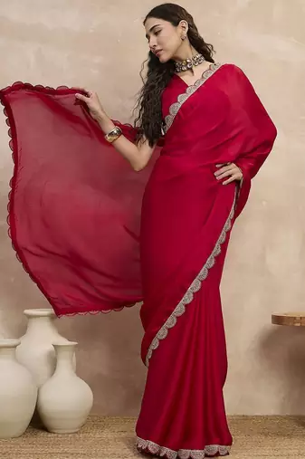 Red women sequinned border satin saree