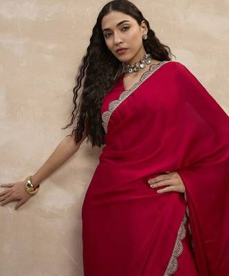 Red women sequinned border satin saree 5