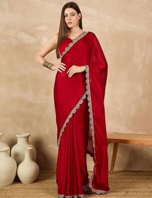 Red embroidered satin saree 1