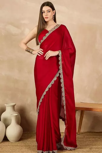 Red embroidered satin saree