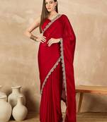 Red embroidered satin saree