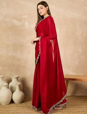 Red embroidered satin saree 2
